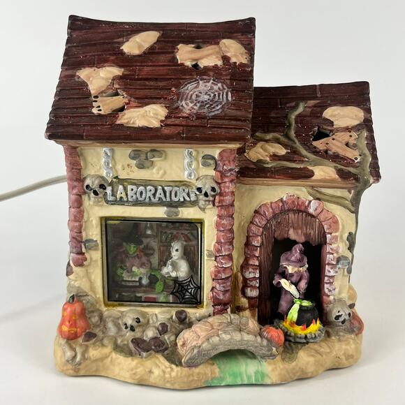 Halloween Village Lighted Laboratory Witches Brew Mummy Haunted House Ceramic - Picture 2 of 16